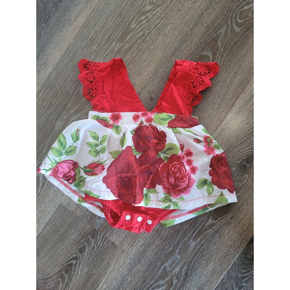 Boutique Baby Girl Red Dress Rose‎ Pattern with Lace Detail size 3-6 months #7